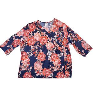 Jaclyn Smith Blouse 3X Blue Large Floral Pattern Faux Wrap Romantic Boho Top